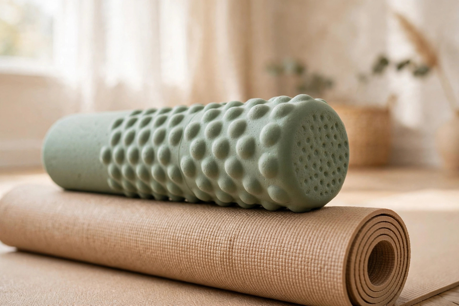 A sage green foam roller resting on a warm sand-toned yoga mat in a bright studio