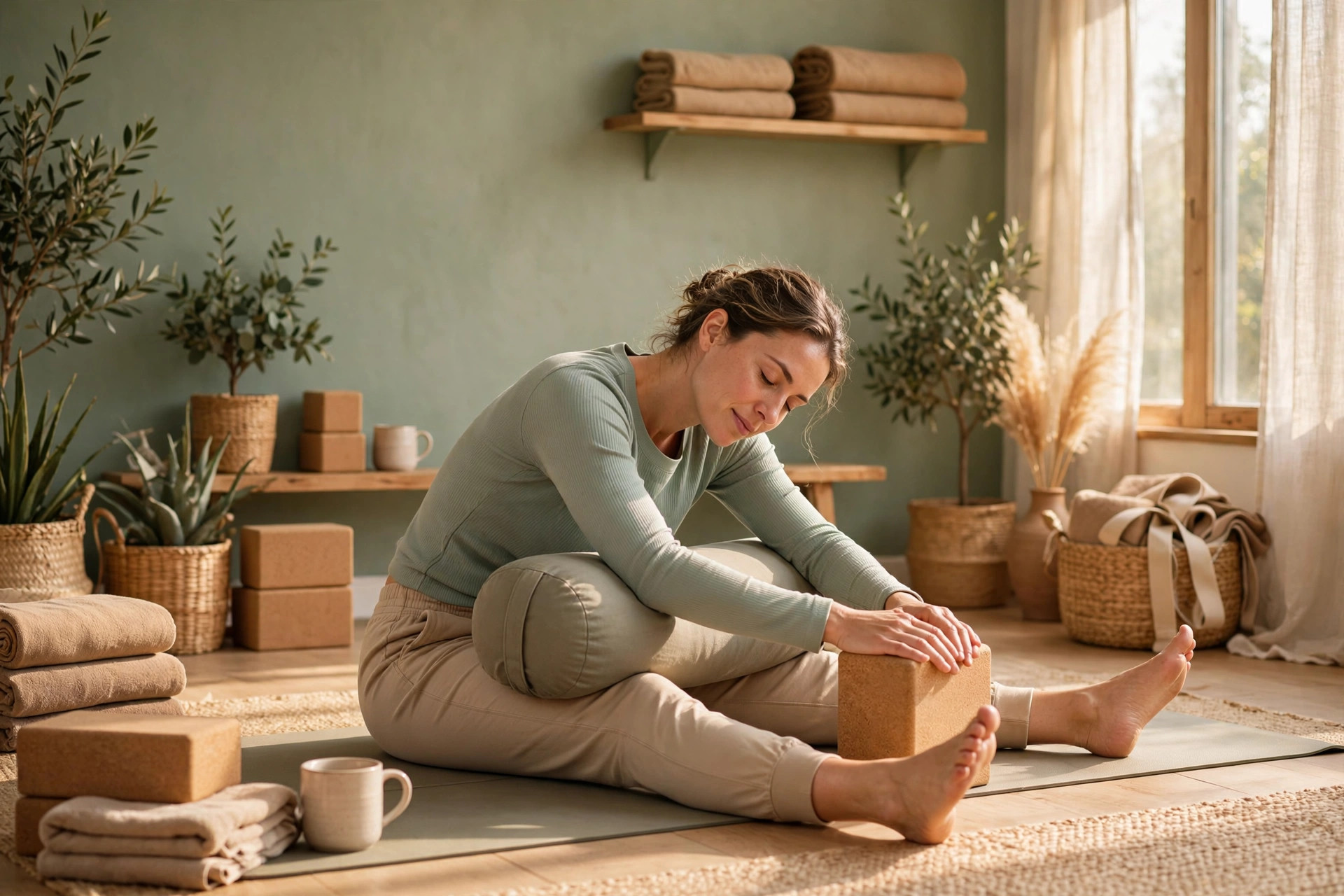 A person doing a gentle supported stretch with yoga props in a bright, calm studio